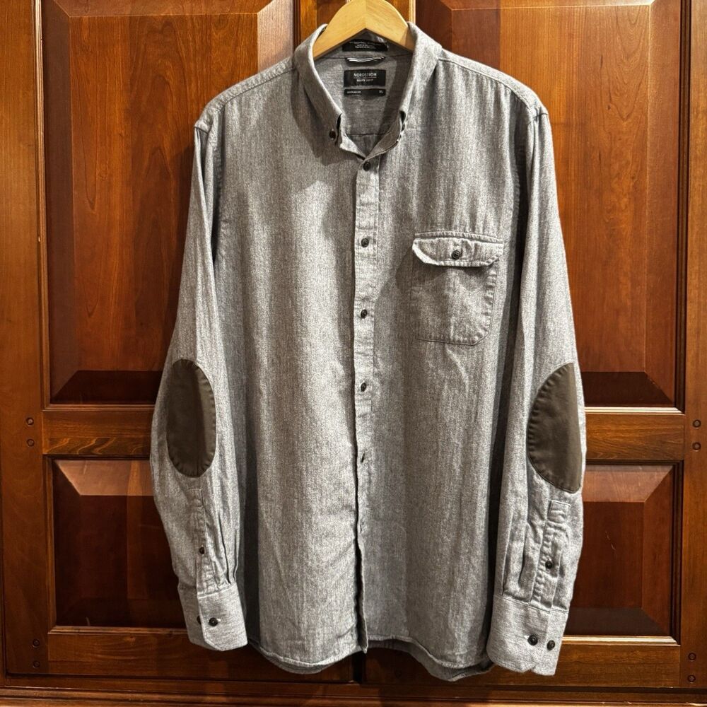Nordstrom Men's Gray Button Down Cotton Wool Shirt w/ Elbow Pads Size XL